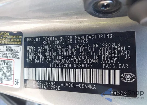 2005 Toyota Camry Le from USA, damaged, VIN 4T1BE32K95U536077